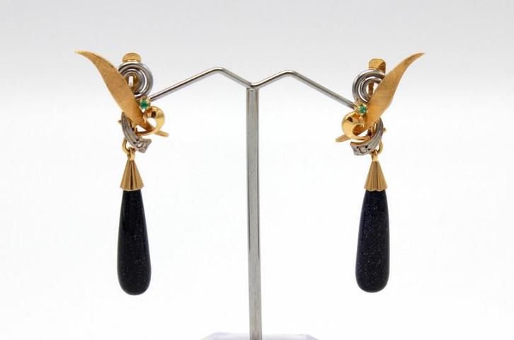 18 kt gouden oorbellen goudsteen, briljant, smaragd, vintage, Sieraden, Tassen en Uiterlijk, Antieke sieraden, Oorbellen, Goud