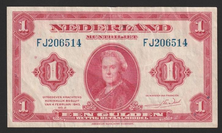 1 gld 1943 FJ 206514 (wilhelmina) aardig exemplaar, Postzegels en Munten, Bankbiljetten | Nederland, 1 gulden, Ophalen of Verzenden