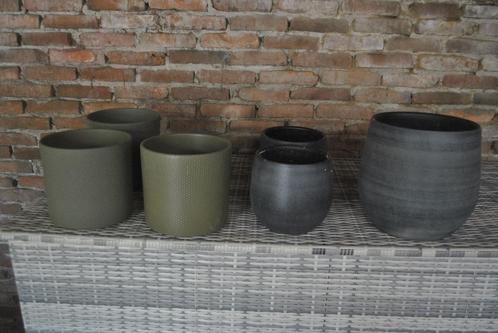 Bloempotten, partij bloempotten, 6 stuks, groen en grijs, Tuin en Terras, Bloempotten, Gebruikt, Aardewerk, Binnen, Minder dan 40 cm