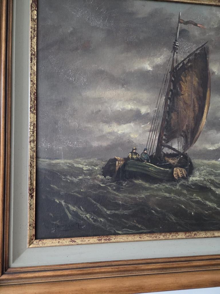 Schilderij, W. Voerman Jr. - Maritiem zeegezicht, 90 x 70 cm, Ophalen