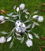 STALEN PLAFONDLAMP MET GLAZEN TULPEN, Huis en Inrichting, Lampen | Plafondlampen, Ophalen, Zo goed als nieuw, Glas