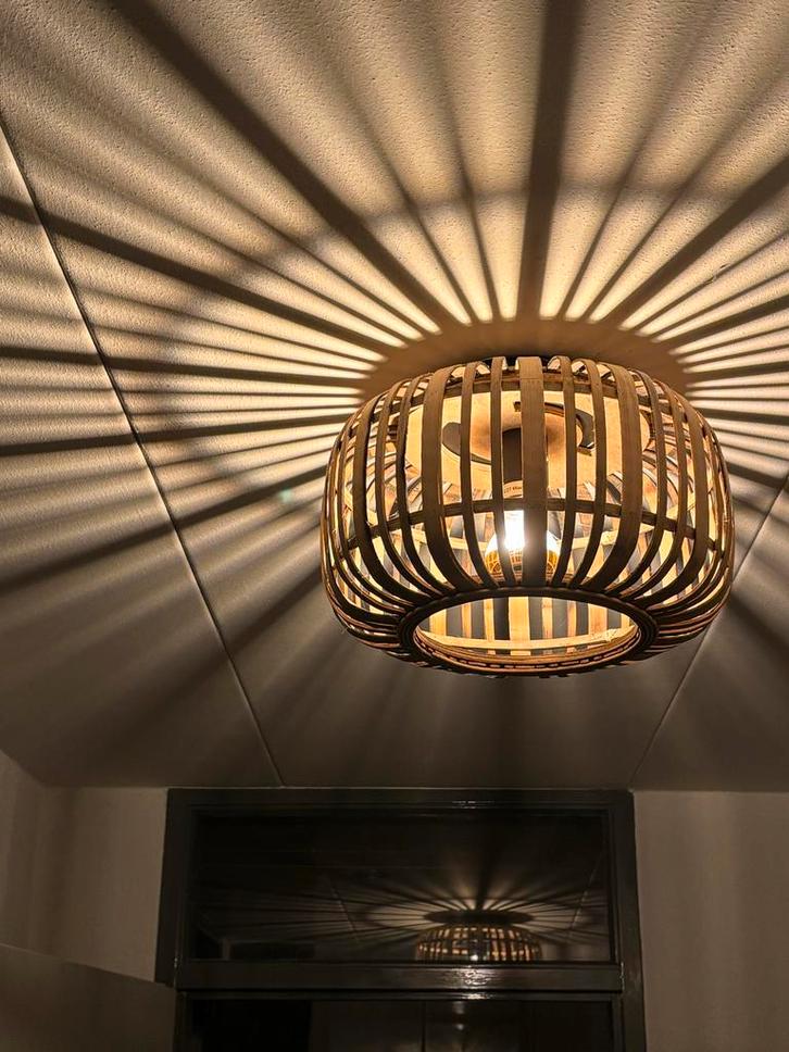 2x Riet Plafonnières met Spiegellampjes, Huis en Inrichting, Lampen | Plafondlampen, Zo goed als nieuw, Hout, Verzenden