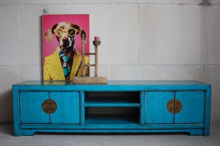 Oosters Uniek Blauw Houten Dressoir Kleurrijke Chinese Kast, Huis en Inrichting, Kasten | Overige, Nieuw, Ophalen of Verzenden