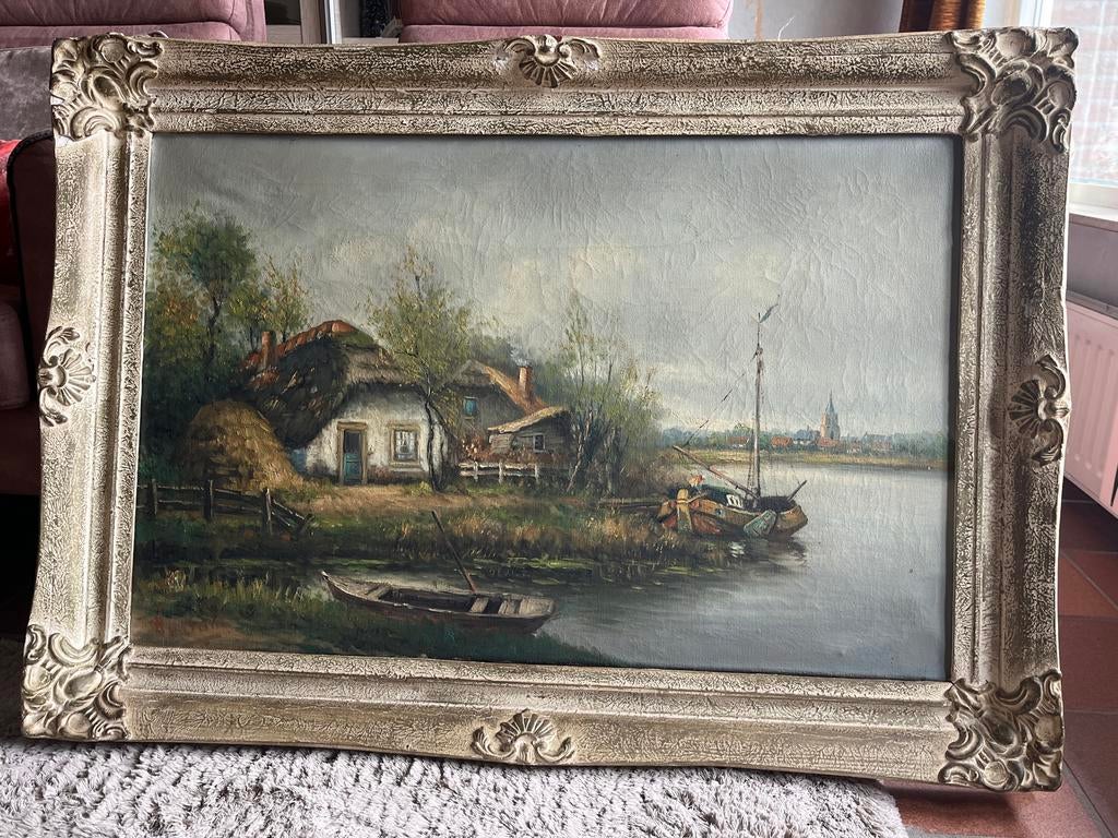 Schilderij met landschap en water, Antiek en Kunst, Kunst | Schilderijen | Klassiek, Ophalen