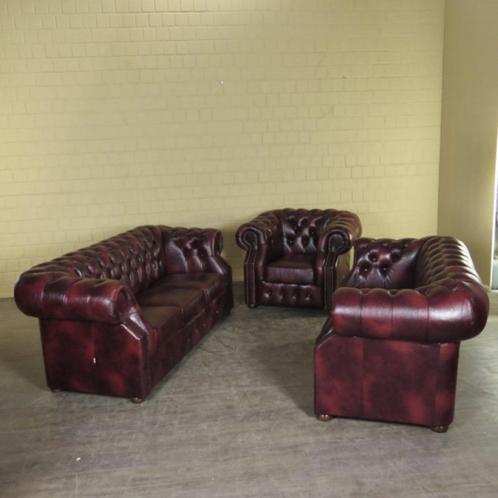 23767 banken Chesterfield Bankstel Rood-Bruin 3-2-1 Leder, Huis en Inrichting, Banken | Bankstellen, Nieuw, 75 tot 100 cm, Leer
