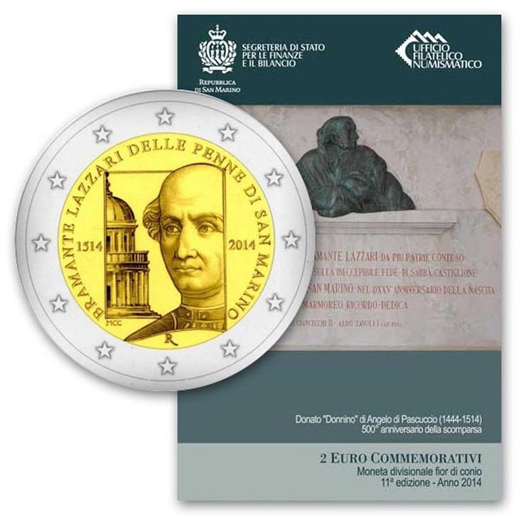 2 euro San Marino 2014 - Donate Bramante (BU), Postzegels en Munten, Munten | Europa | Euromunten, Setje, 2 euro, San Marino, Ophalen of Verzenden