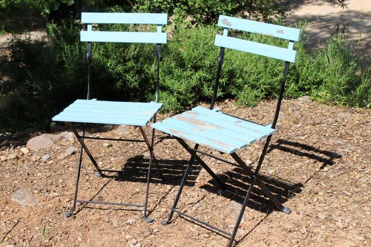 Brocante - Set tintelende tuinstoeltjes!, Tuin en Terras, Tuinstoelen, Gebruikt, Inklapbaar, Ophalen