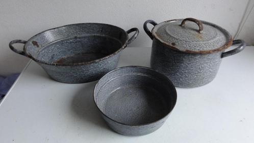 Teiltje, pan en kom grijs gewolkt emaille antiek, Antiek en Kunst, Antiek | Emaille, Ophalen of Verzenden