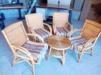 Rotan stoelen set (4) met tafeltje, Huis en Inrichting, Stoelen, Ophalen, Gebruikt, Bruin, Riet of Rotan