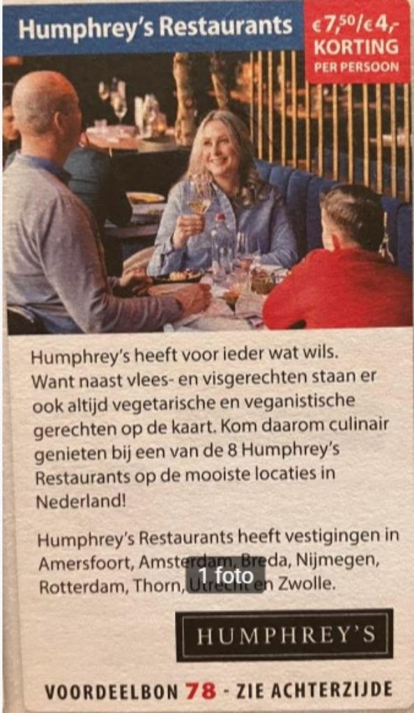 Humphrey's Restaurants kortingsbon, Tickets en Kaartjes, Kortingen en Cadeaubonnen, Drie personen of meer, Kortingsbon