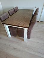 Landelijke eetkamertafel met 6 stoelen op wieltjes, Ophalen of Verzenden, Zo goed als nieuw