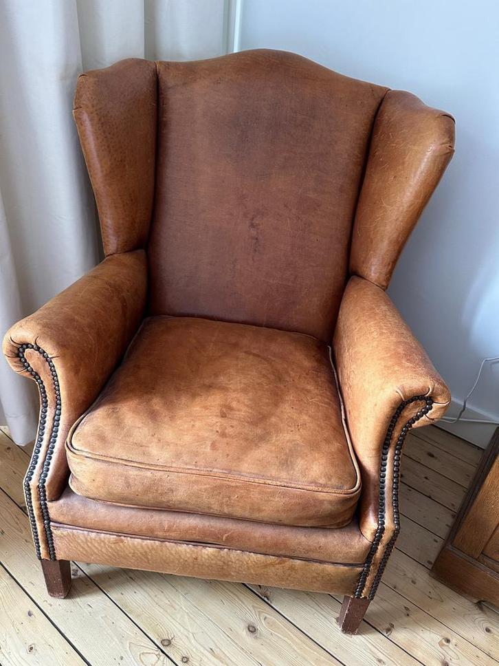 Nico van Oorschot vintage schapen leren oorfauteuil, Huis en Inrichting, Fauteuils, Zo goed als nieuw, 75 tot 100 cm, Ophalen