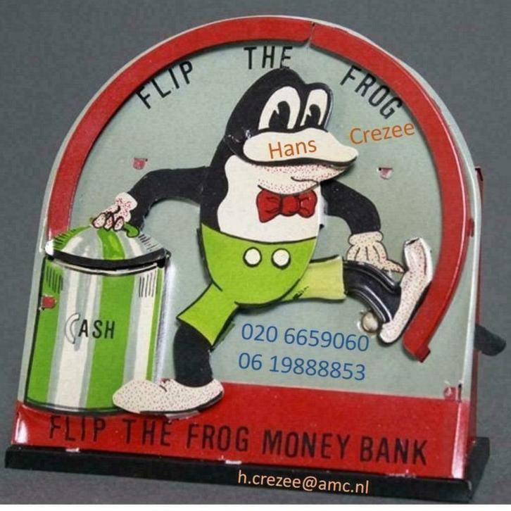 zoek oud blik speelgoed trommel spaarpot Flip the Frog 1930, Antiek en Kunst, Antiek | Speelgoed, Ophalen of Verzenden