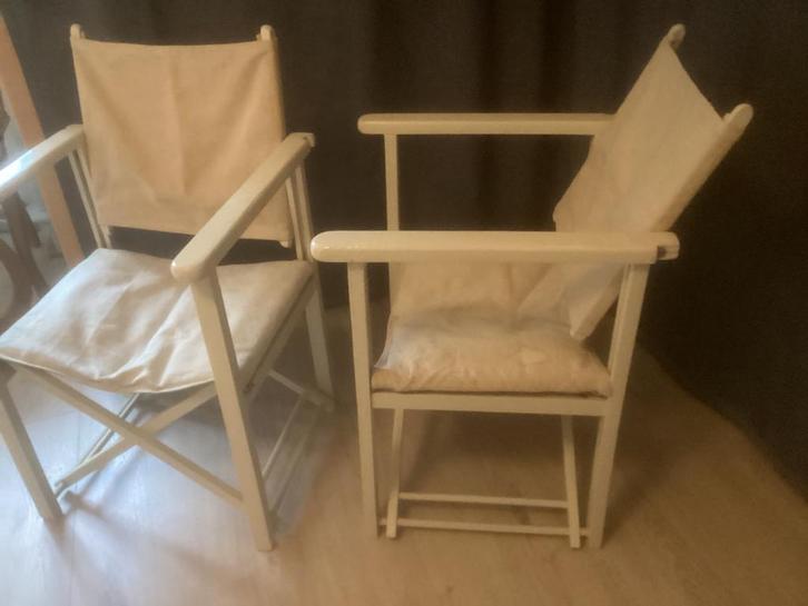 Brocante regisseursstoeltjes, Huis en Inrichting, Stoelen, Gebruikt, Twee, Hout, Stof, Overige kleuren, Ophalen