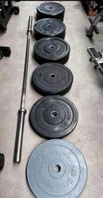 155kg Crossmaxx Bumperplates + Crossmaxx Barbell 220cm ,20kg, Ophalen, Gebruikt, Halterschijven