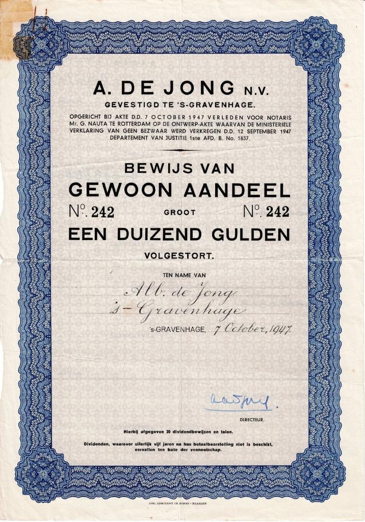 Aandeel van A. de Jong N.V., 's-Gravenhage 1947, Postzegels en Munten, Aandelen en Waardepapieren, Aandeel, 1920 tot 1950, Ophalen of Verzenden