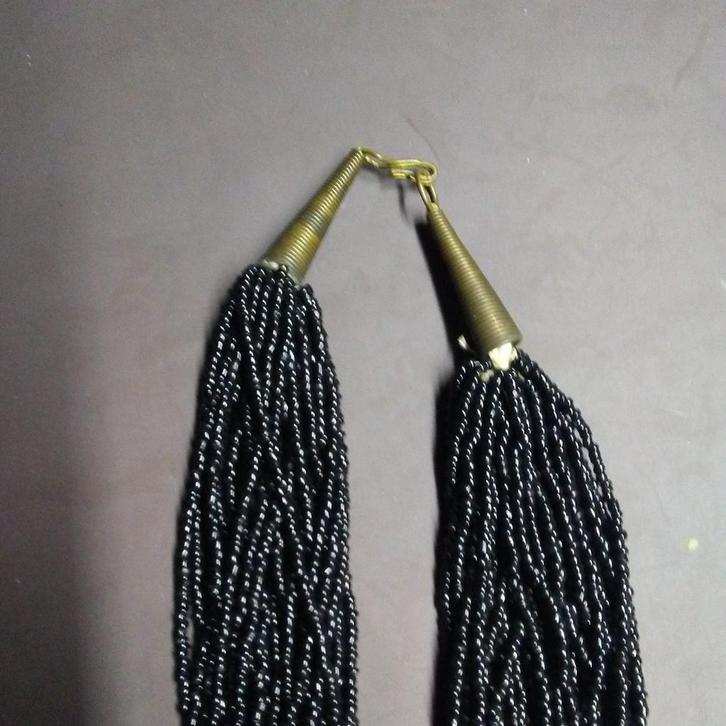 Vintage Zwarte gitten Kralenketting met Houten Ringen, Sieraden, Tassen en Uiterlijk, Kettingen, Gebruikt, Overige materialen