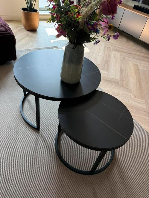 Ronde salontafel set van 2 zwart marmerlook stone, Huis en Inrichting, Tafels | Salontafels, Gebruikt, Minder dan 50 cm, 50 tot 100 cm