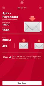 Ajax-feyenoord 3 tickets naast elkaar vak 424, Tickets en Kaartjes, Twee personen, September