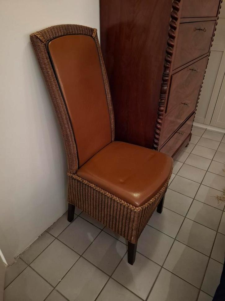 4 Lloyd Loom stoelen met lederen zitting, Huis en Inrichting, Stoelen, Leer, Bruin, Ophalen