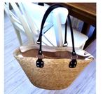 palm rieten schoudertas met leren hengels, Ophalen of Verzenden, Gebruikt, Beige