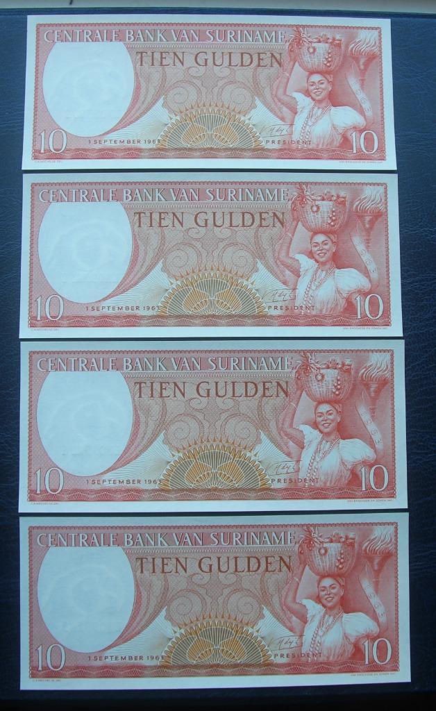 4x 10 gld 1963 suriname prachtige exemplaren opvolgend, Postzegels en Munten, Bankbiljetten | Nederland, Setje, Ophalen of Verzenden