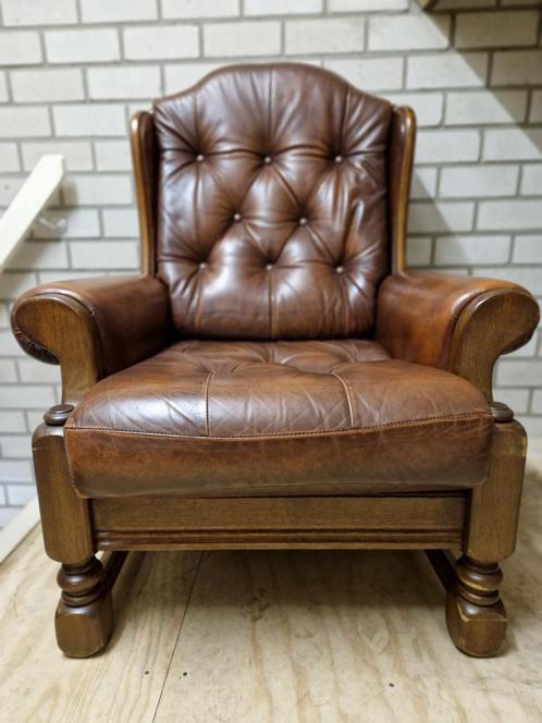Klassieke Lederen Fauteuil 2 stuks, Huis en Inrichting, Fauteuils, Gebruikt, Hout, Leer, 75 tot 100 cm, 75 tot 100 cm, Ophalen