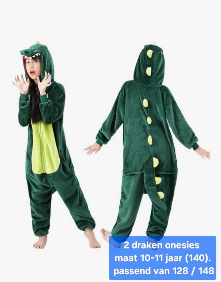 2 draken, dino onesies carnaval loopgroep past 8 t/m 12 jaar, Kinderen en Baby's, Carnavalskleding en Verkleedspullen, Zo goed als nieuw