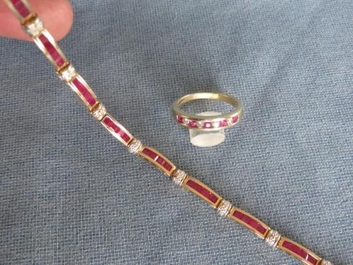 Armband en ring in goud met robijnen en diamanten - 20e eeuw, Sieraden, Tassen en Uiterlijk, Armbanden, Zo goed als nieuw, Goud