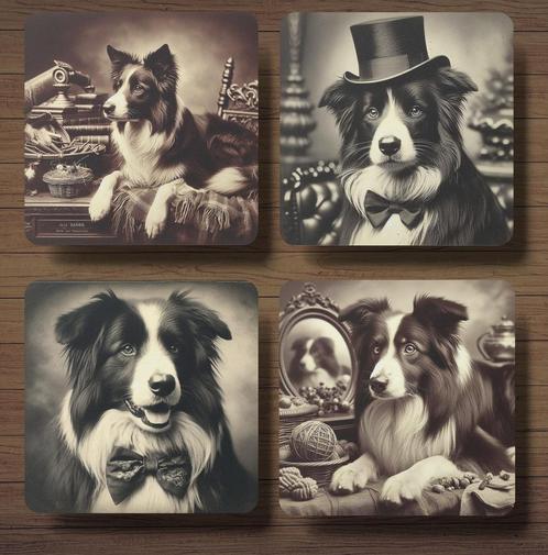 Border Collie Victoriaanse onderzetters met houder, Huis en Inrichting, Woonaccessoires | Onderzetters, Nieuw, Glas of Kopje, Ophalen of Verzenden