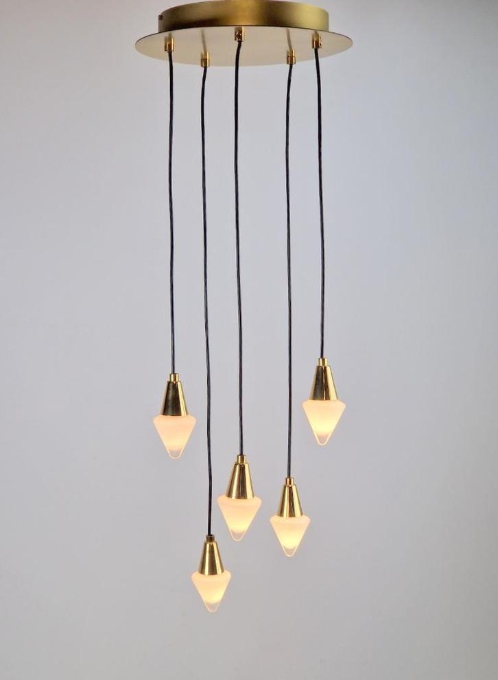Vintage Cascade hanglamp glas messing Herbert Schmidt '70, Huis en Inrichting, Lampen | Hanglampen, Gebruikt, Minder dan 50 cm