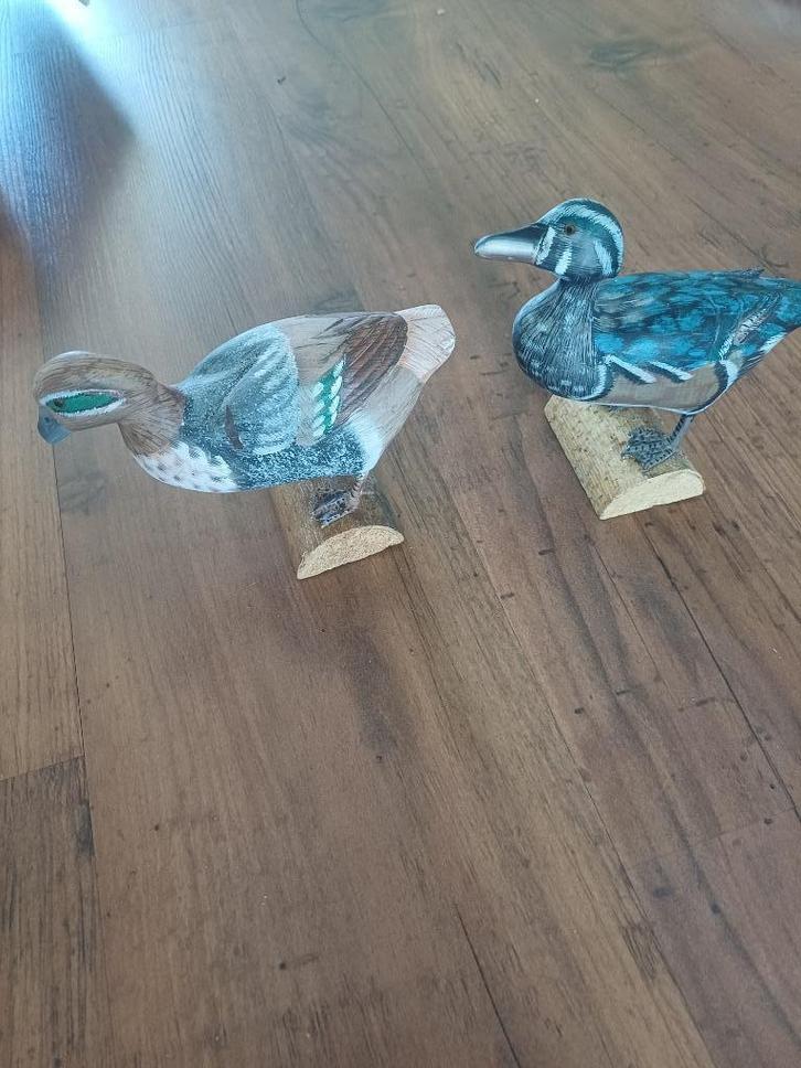 Houten eenden op houtblok, Verzamelen, Beelden en Beeldjes, Gebruikt, Dier, Ophalen of Verzenden