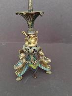 Antieke bronzen Kandelaar met Emaille en Engelen, Ophalen of Verzenden, Koper of Brons