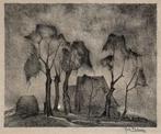 Litho Johann Faber, landschap met bomen en boerderij