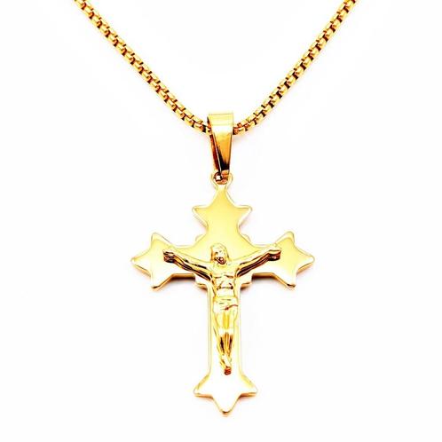 Verguld Stalen Ketting + Christelijk Kruis met Jezus - RVS, Sieraden, Tassen en Uiterlijk, Kettingen, Nieuw, Overige materialen