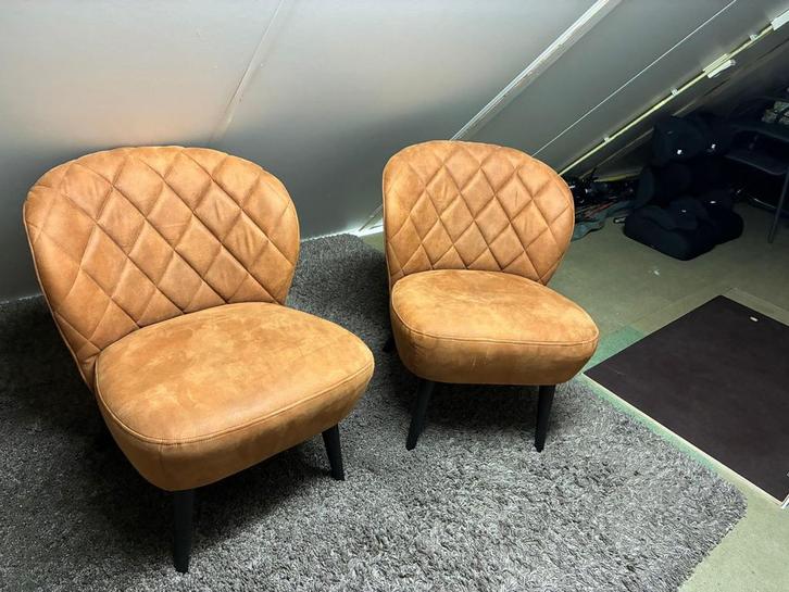 2 Mooie Cognac Stoeltjes met Ruitpatroon, Huis en Inrichting, Stoelen, Zo goed als nieuw, Twee, Stof, Bruin, Ophalen of Verzenden