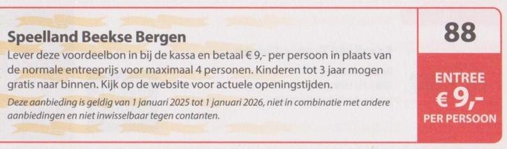 Speelland Beekse Bergen entree € 9,- p.p. Postcode bon nr 88, Tickets en Kaartjes, Recreatie | Pretparken en Attractieparken, Drie personen of meer