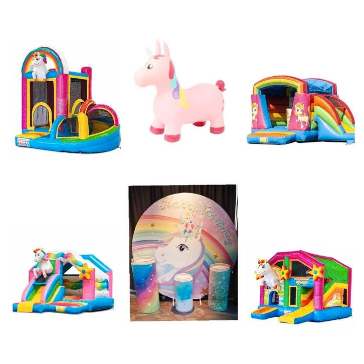 Unicorn springkussen te huur, Hobby en Vrije tijd, Feestartikelen | Verhuur, Zo goed als nieuw, Overige, Ophalen of Verzenden