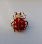 Goudkleurige broche lieveheersbeestje zwarte oogjes en stras, Verzenden, Nieuw, Rood, Overige materialen