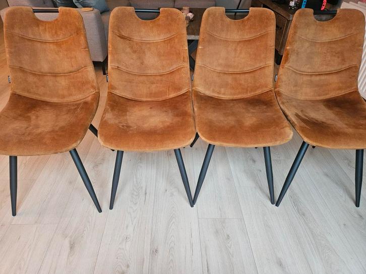 Set van 4 Eetkamerstoelen, Huis en Inrichting, Stoelen, Gebruikt, Vier, Metaal, Stof, Bruin, Ophalen