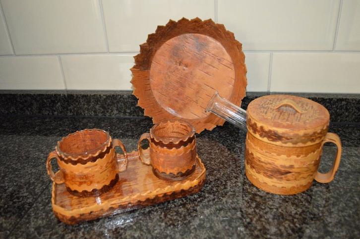 Brocante Zweeds handgemaakt decoratief berkenschors set, Antiek en Kunst, Curiosa en Brocante, Ophalen of Verzenden