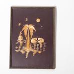 Vintage Indisch bamboe SCHILDERIJ zwanen zeilboot palm jr.50, Ophalen of Verzenden