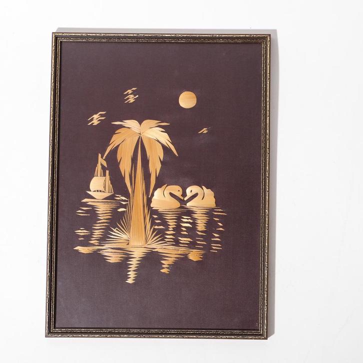 Vintage Indisch bamboe SCHILDERIJ zwanen zeilboot palm jr.50, Antiek en Kunst, Kunst | Schilderijen | Klassiek, Ophalen of Verzenden