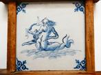 Antiek houten pijpenrek met Delftsblauwe tegel zeemeerman, Ophalen of Verzenden