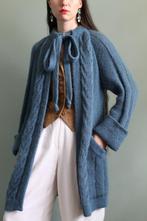 Vintage lang mohair vest met strik kraag in denim blauw S M, Zo goed als nieuw, Vintage, Maat 36 (S), Verzenden