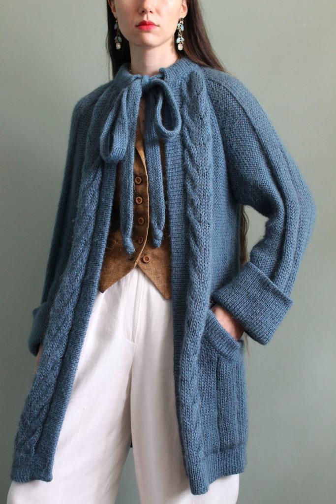 Vintage lang mohair vest met strik kraag in denim blauw S M, Kleding | Dames, Truien en Vesten, Zo goed als nieuw, Maat 36 (S)