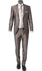 Prachtig trouwpak Wilvorst 50 taupe wol slim line gilet, Ophalen of Verzenden, Zo goed als nieuw, Grijs, Wilvorst