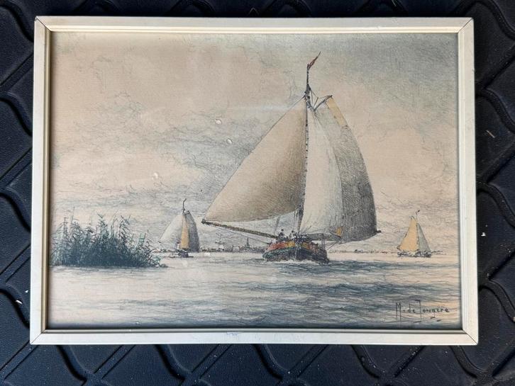 Ingelijste plaat M. de Jongere - Zeilboten, Antiek en Kunst, Kunst | Tekeningen en Foto's, Ophalen of Verzenden