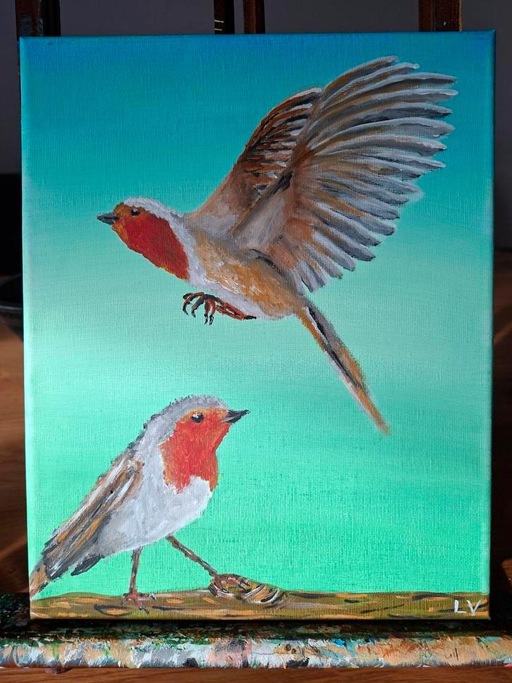 Roodborstjes Schilderij - Handgeschilderd Acryl 24x30cm, Antiek en Kunst, Kunst | Schilderijen | Klassiek, Ophalen of Verzenden