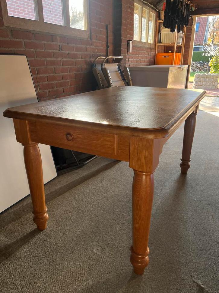 Eikenhouten Tafel + 4 Stoelen met Biezen, Huis en Inrichting, Tafels | Eettafels, Gebruikt, Ophalen